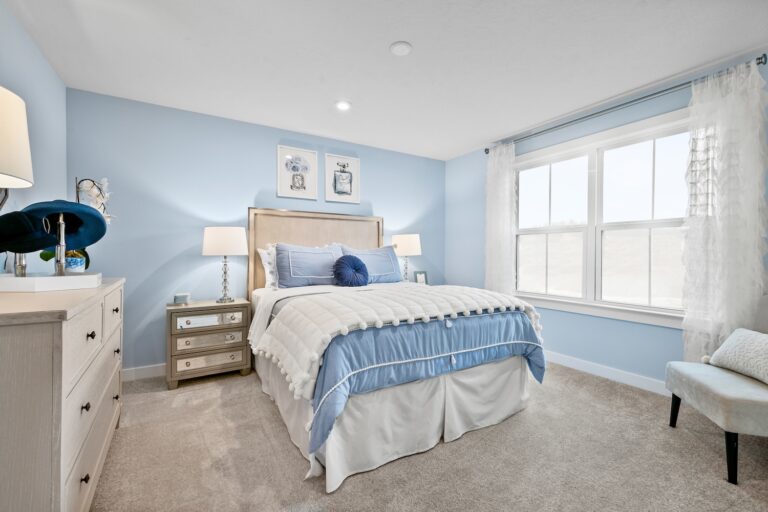 Beautiful Bedroom in Blue & White in Greenwood New Home at Forest View | Pittsburgh New Home Connection