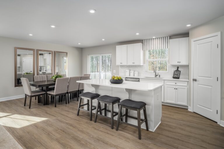 Beautiful Eat-In Kitchen & Dining in Sleek White & Neutrals in Eden Reef New Home | Pittsburgh New Home Connection