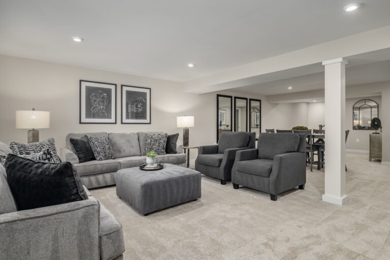 Beautiful Living Room in Gray & Neutrals at Eden Reef New Home | Pittsburgh New Home Connection