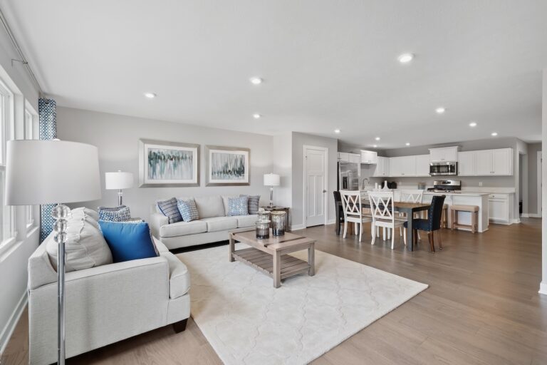 Beautiful Open Concept Living Area & Eat-In Kitchen in Neutral Tones in New Home at Spyglass Trails | Pittsburgh New Home Connection