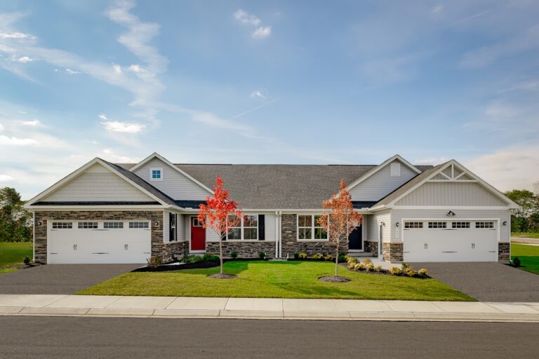 Beautiful New Ranch Duplex Homes with Young Trees in Fall at Willowbrook Ranch | Pittsburgh New Home Connection